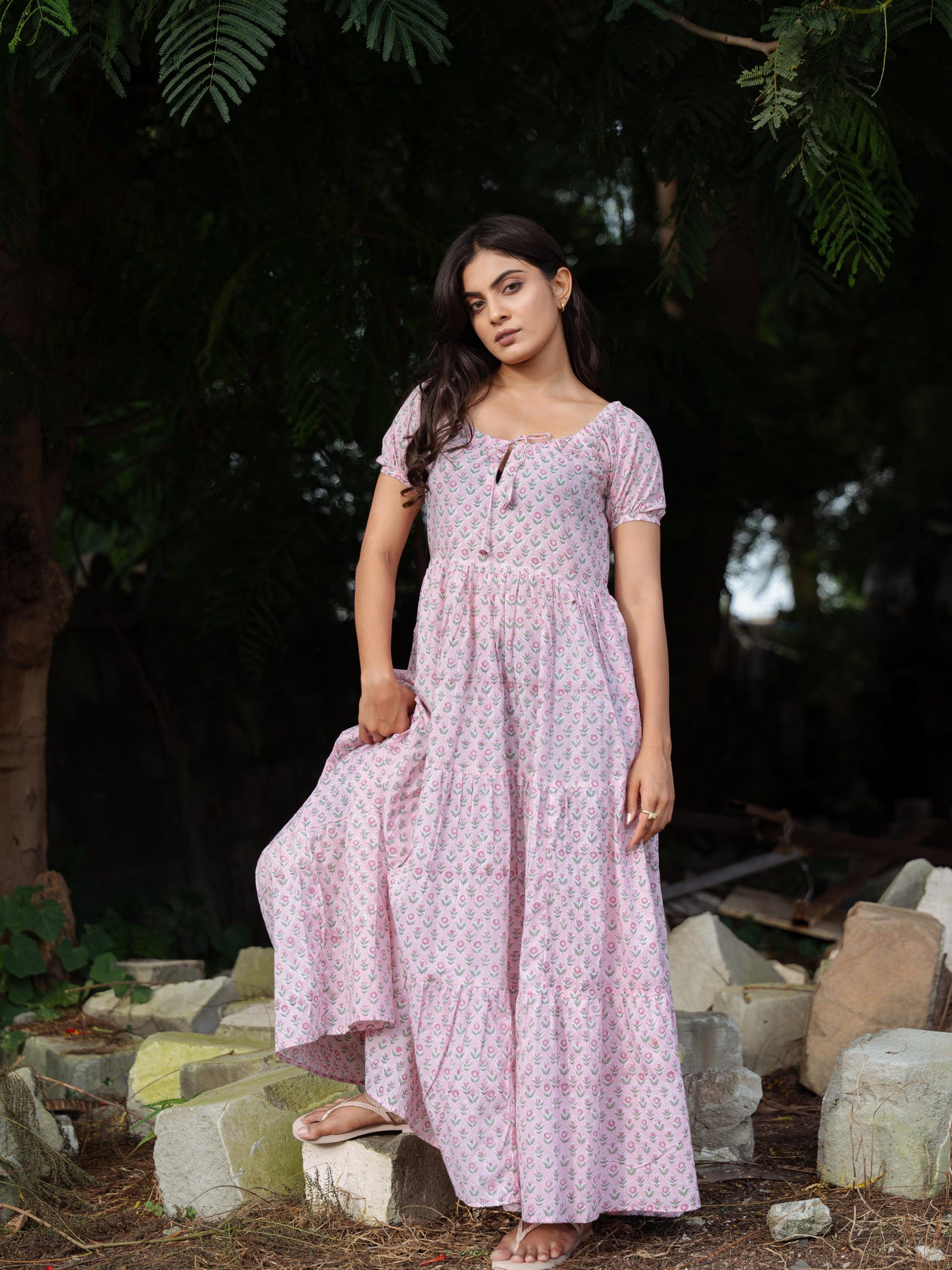 boho-chic-pure-cotton-long-dress-indian-block-print-earthy-elegant-comfy-dayw-se5o2t0k Boho Chic Pure Cotton Long Dress - Indian Block Print, Earthy Elegant Comfy Daywear for Mom in Pink Floral Colourful Summer Loungewear