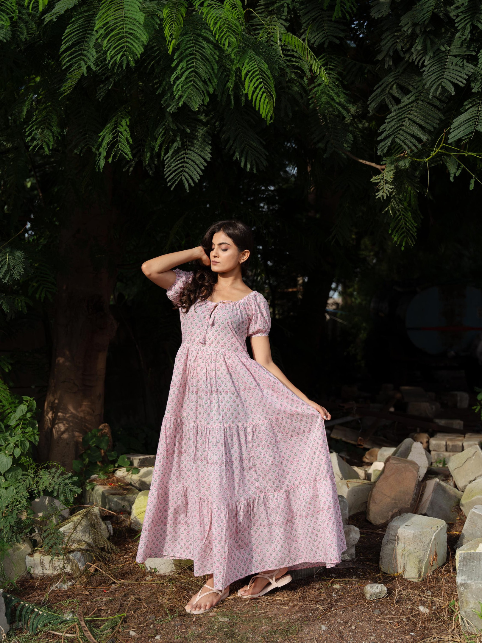 Boho Chic Pure Cotton Long Dress – Indian Block Print, Earthy Elegant Comfy Daywear for Mom in Pink Floral Colourful Summer Loungewear