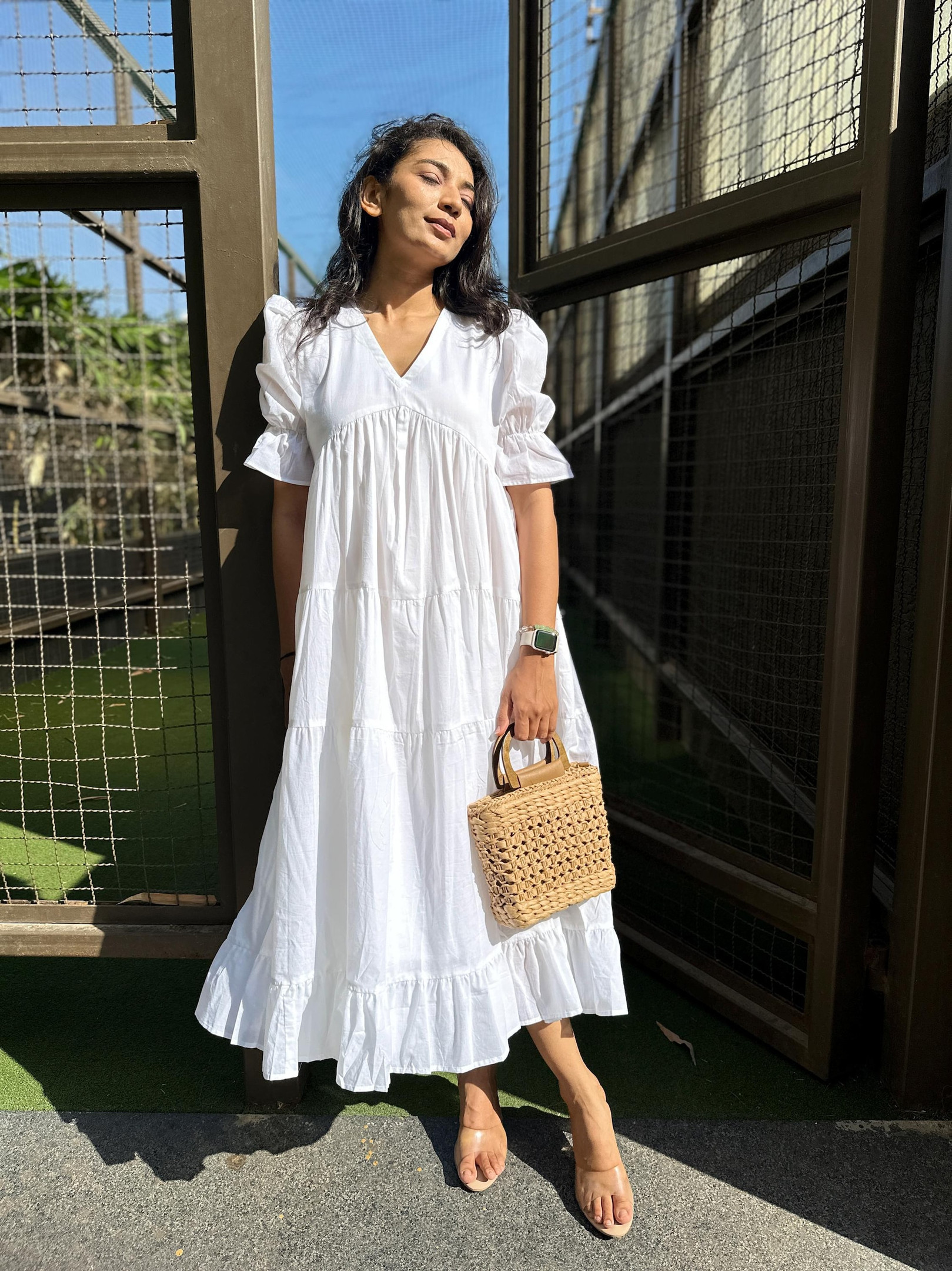 Boho White Organic Cotton Midi Dress with Pockets, Loose Fit, Plus Size, Custom Sizing for Women