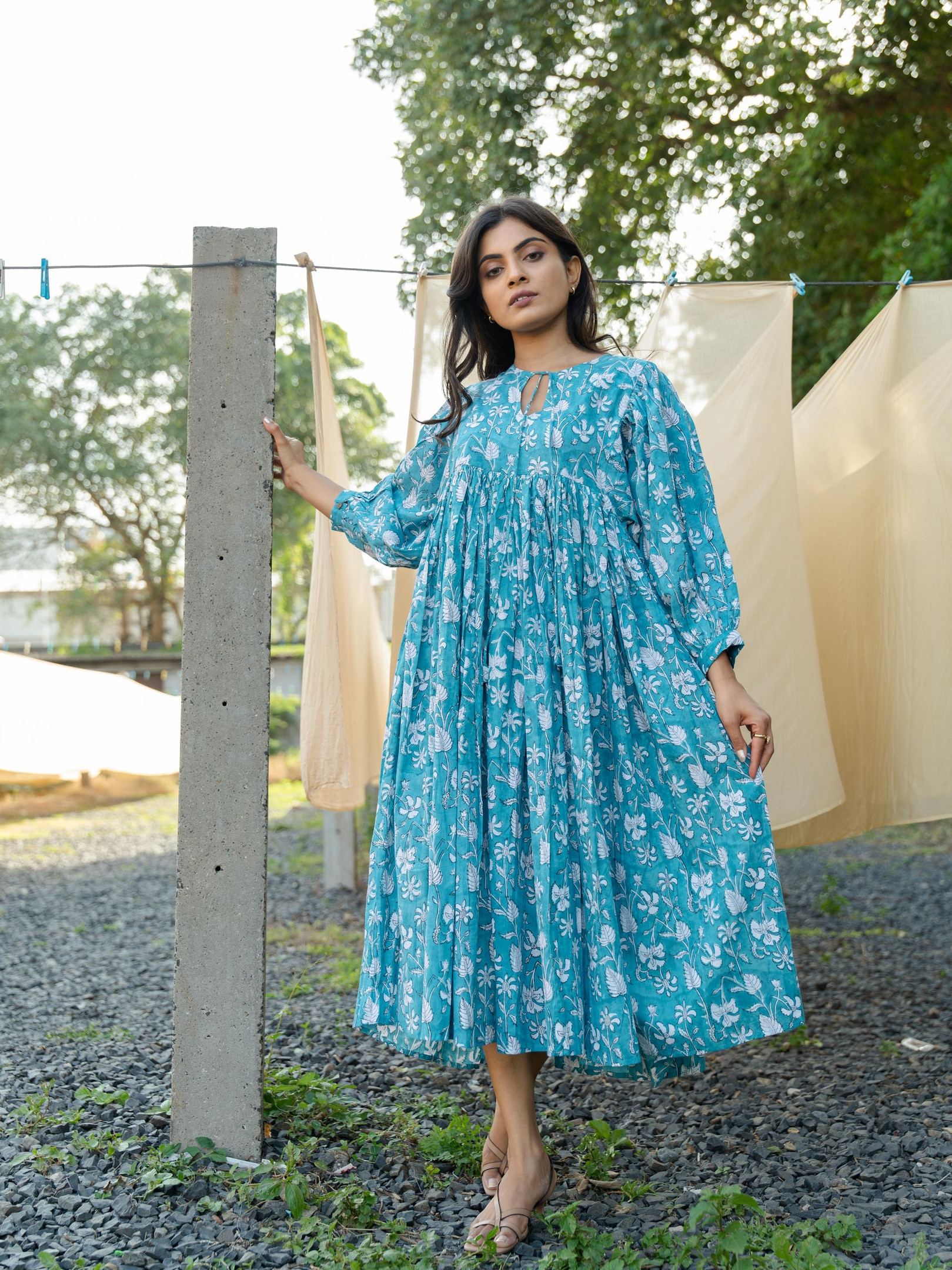 Elegant Turquoise Ginkgo Floral Cotton Long Dress, Earthy Boho Indian Block Print Comfy Daywear for Mom, Colourful Summer Outfit
