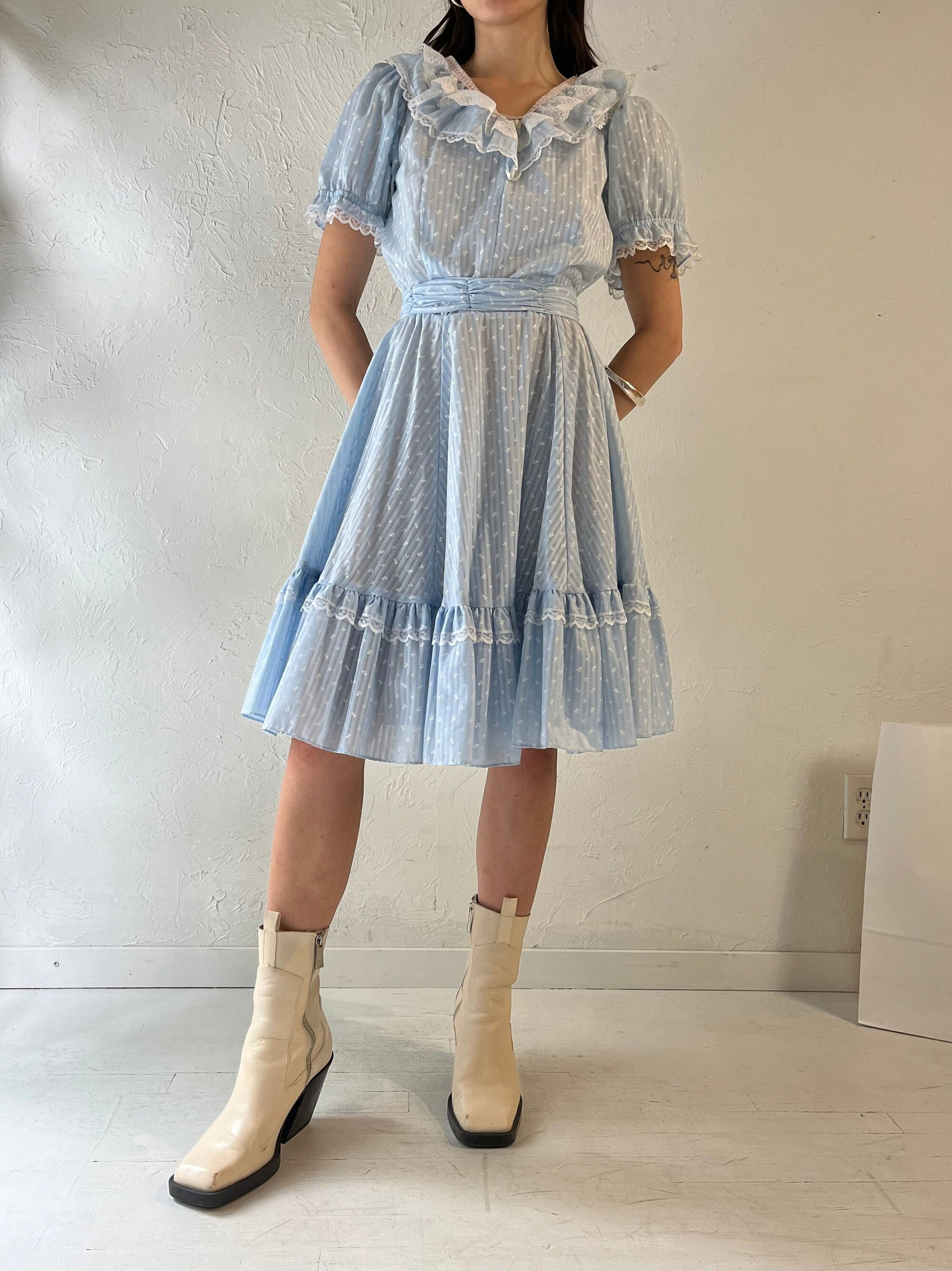 Unique Handmade Blue Puff Sleeve Boho Prairie Dress for Women