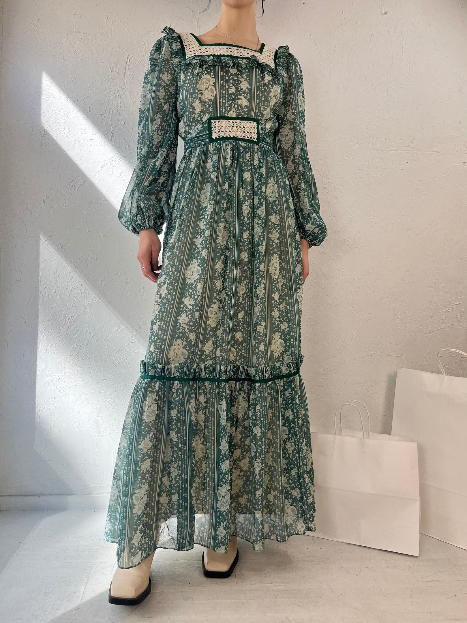Vintage 70s Candi Jones Green Prairie Maxi Dress for Women