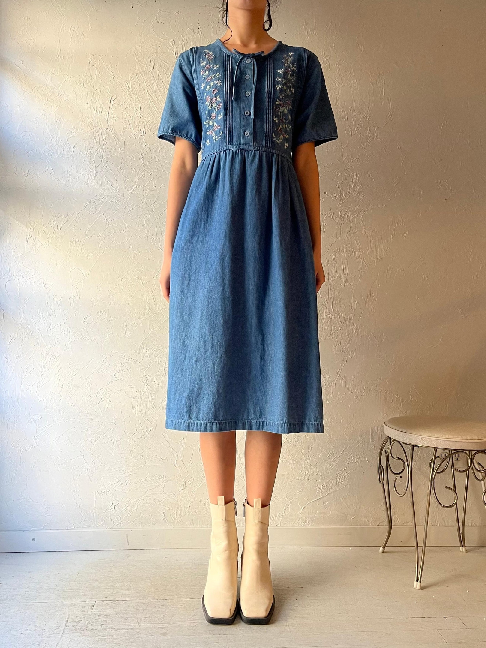 Vintage 90s VI Petites Embroidered Denim Midi Dress for Women