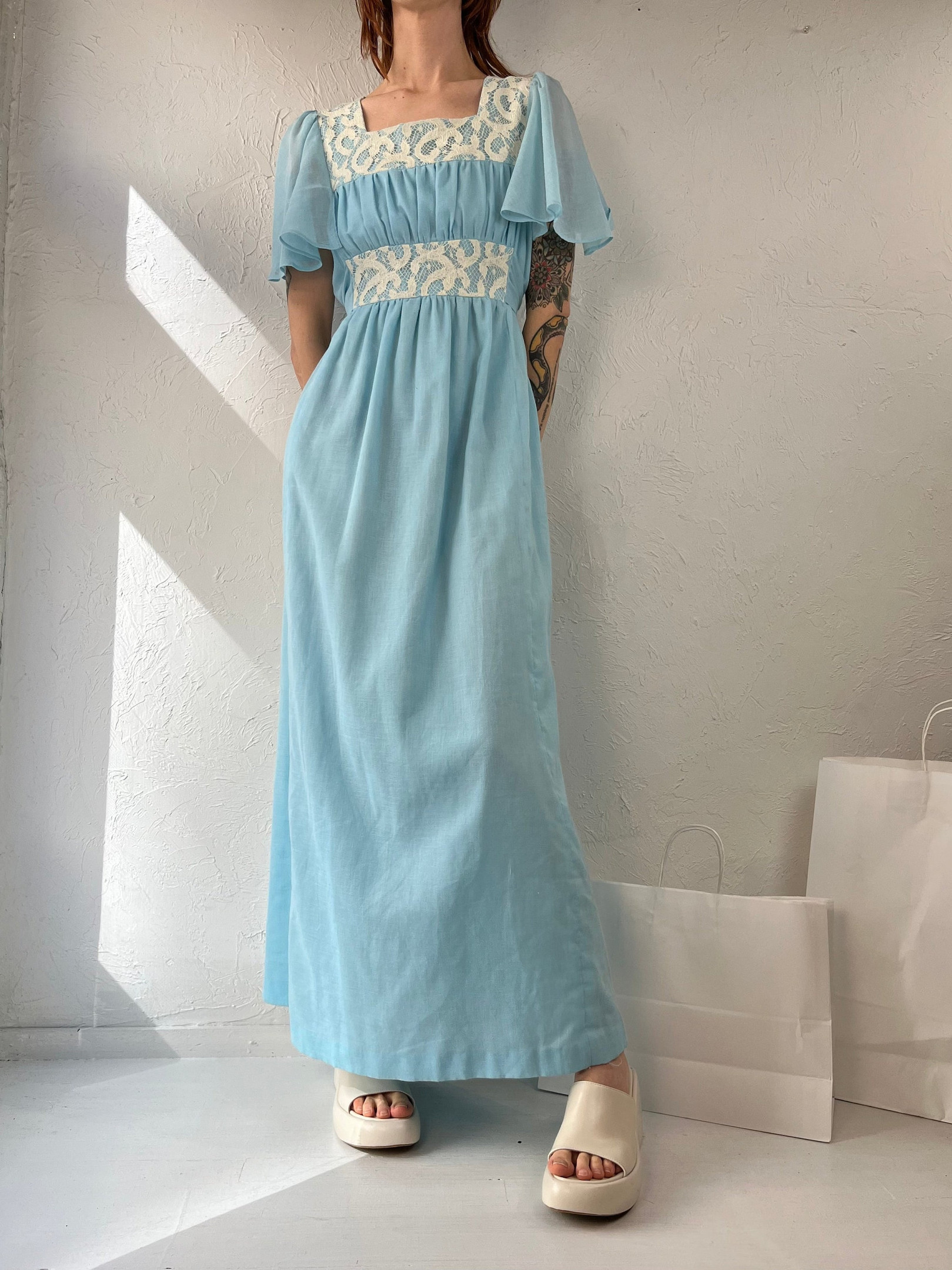 Women’s Handmade Baby Blue Maxi Prairie Dress for Summer