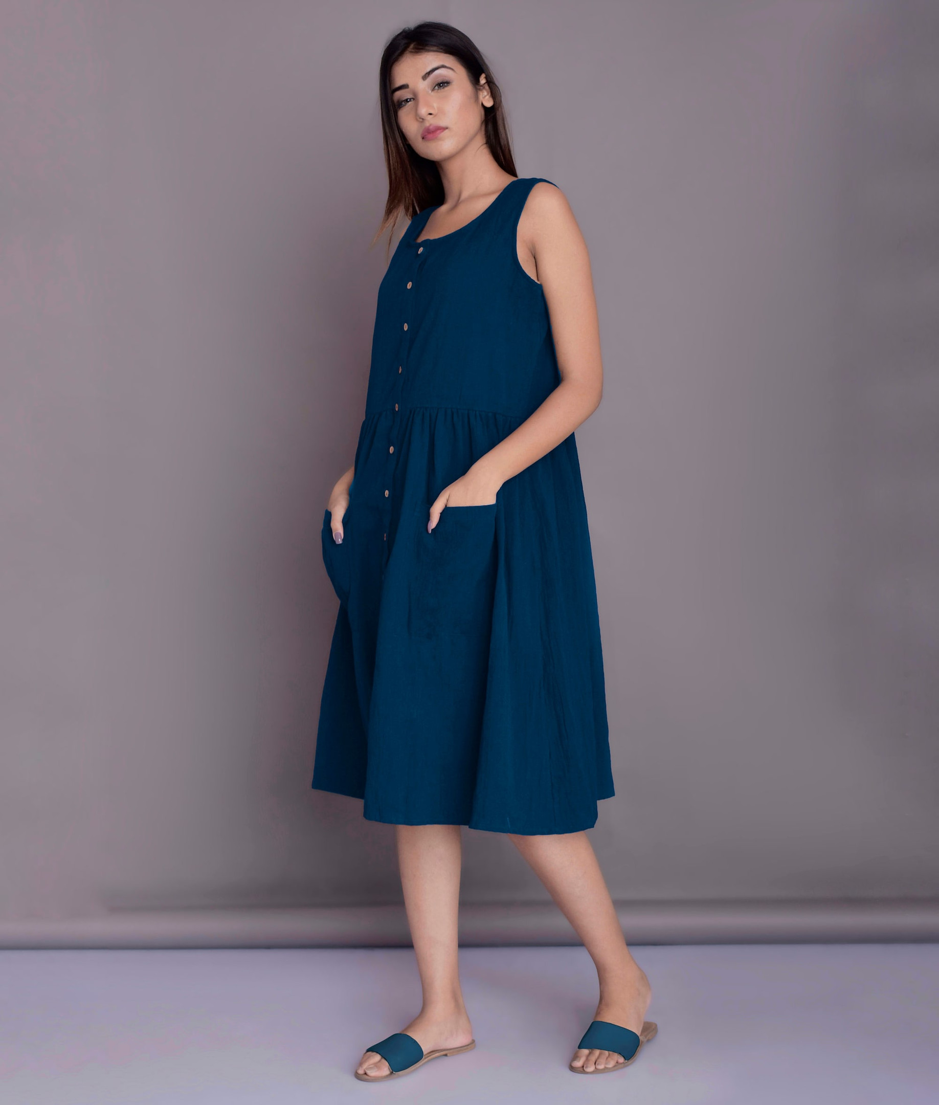 Women’s Linen Midi Dress – Sleeveless Summer Button Down Dress with Pockets